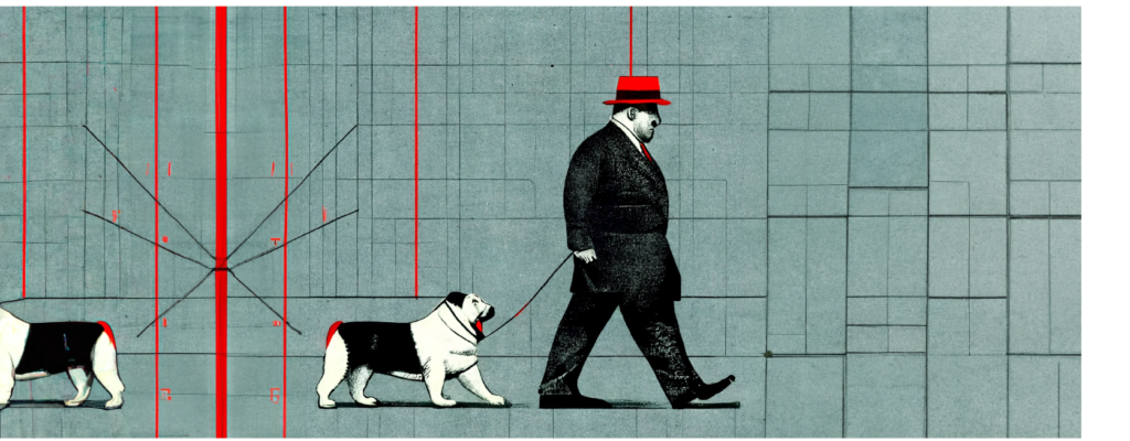 La ciencia como distintos perros domesticados por el capital, representado en un señor trajeado.