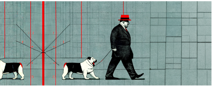 La ciencia como distintos perros domesticados por el capital, representado en un señor trajeado.